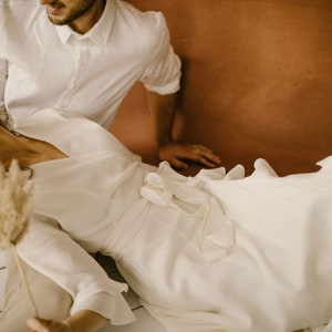 Bohemian Linen Wrap Wedding Dress with Long Sleeves - Modest Flax Gown for Beach or Fall Ceremony.