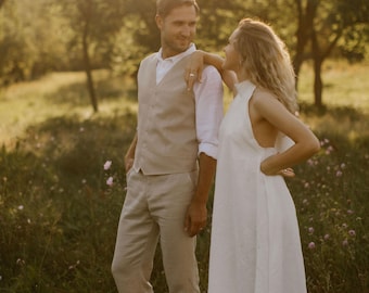 Linen Rustic Wedding 2- Piece Suit / Vest And Pants Groom Attire For Nature Ceremony