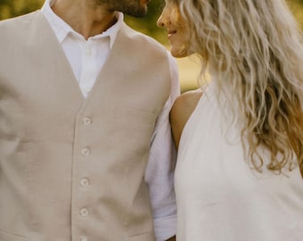 Rustic Nude Linen Waistcoat for Men / Casual & Boho Wedding Vest / Groom, Groomsmen Outfit
