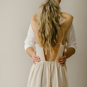 Linen Wedding Dress With Spaghetti Straps And An Open Back, Minimalist And Modest Wedding Gown, Custom and Simple Linen (Flax) Bridal Dress.
