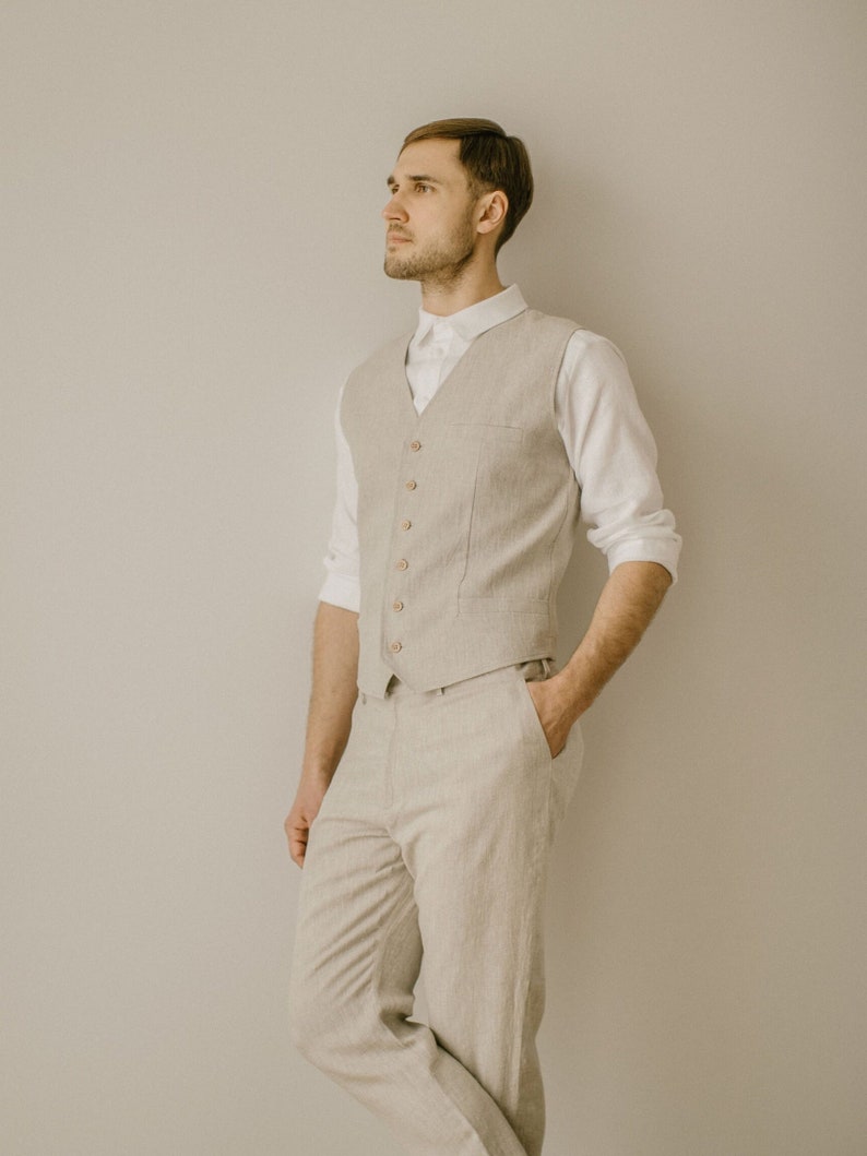 Men's Rustic Linen Vest: Casual Minimalist Waistcoat for Groom, Beach Wedding, Summer Attire.