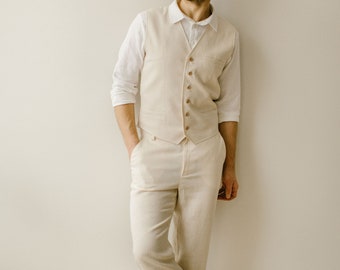 Rustic Linen Wedding Suit Set / Men's Boho Waistcoat & Pants Set / Handcrafted / Ivory