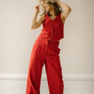 Linen Pants Waistcoat Set, Palazzo Pants, Linen Trousers, Linen Vest, Flax Clothing, Linen Suit, Bright Red Linen Set.