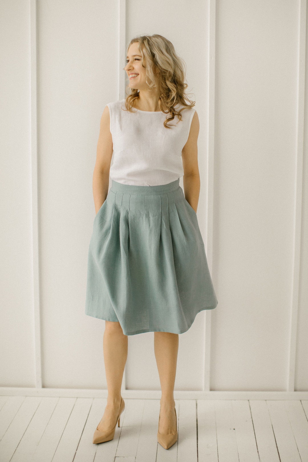Sage Green Linen Pleated Skirt, Elegant Flowy Skirt, Versatile Midi Skirt, High Waisted Skirt, A ...
