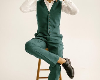 Linen Wedding Suit For Men / 3 piece Set In Forest Green For Rustic, Boho Ceremonies