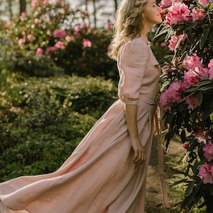Rustic Linen Wedding Dress: Mock Neck Flax Gown, Dusty Rose Attire