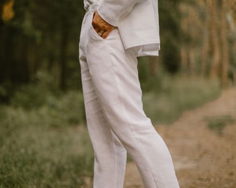 Pantalon de marié en lin, pantalon de mariage rustique, pantalon de mariage décontracté, pantalon de mariage bohème blanc, tenue de mariage pour homme, vêtements en lin pour homme.