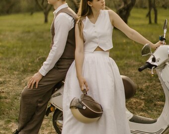 Linen Wedding Dress Set | Two-Piece Bridal Outfit | Vest & Skirt Ensemble