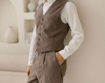 Taupe Linen Wedding Suit For Men / Rustic 3 Piece Groom, Groomsmen Set / Tailor Made