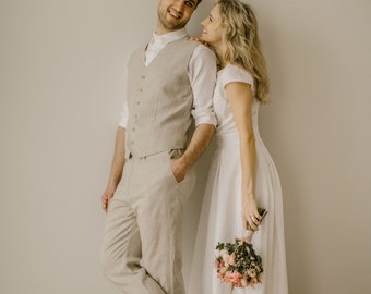 Modest A-Line Linen Wedding Dress, Simple Forest Wedding Gown, Retro Elegant Bridal Dress, Bespoke Wedding Dress, Linen Wedding Outfits.