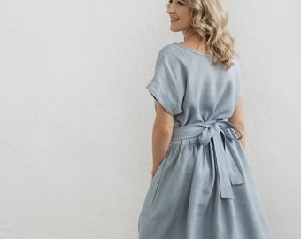 Loose Drop Shoulder Linen Dress, Casual Loose Gown, Ethically Made Flowy Dress, Comfortable Tea Length Dress, Relaxed Fit Linen Attire.