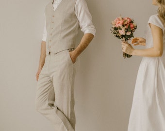 Lässiger Leinenhochzeitsanzug für Männer (3er-Set), informeller Hochzeitsanzug, schlichte Herrenhochzeitskleidung, Leinenbekleidung für Männer.