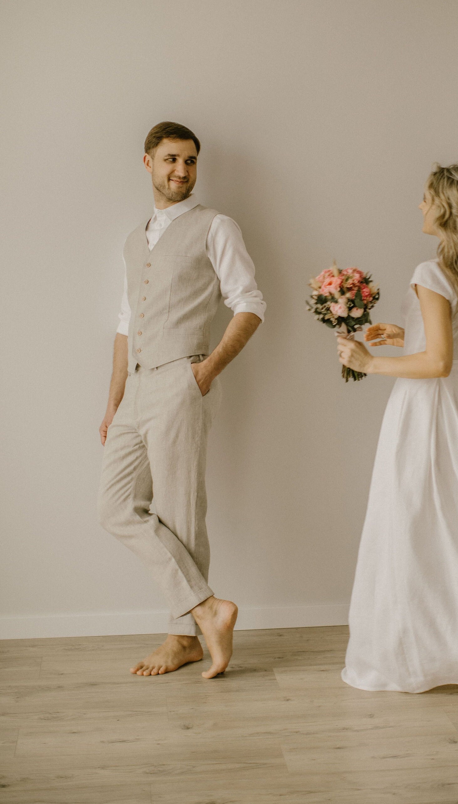 Traje de boda informal de lino para hombre: atuendo informal de 3 piezas,  atuendo sencillo de lino para novio. - Etsy México, image size:1462x2565