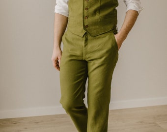 Linen Trousers For Men, Men's Linen Pants, Smart Casual Pants, Casual And Simple Wedding Pants, Moss Green Trousers, Linen Clothes.