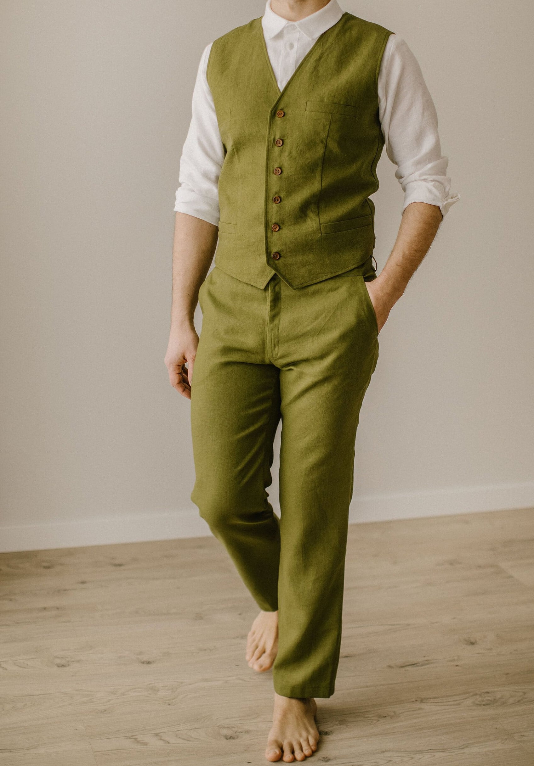 Mens Green Linen Trousers and Long Sleeve White Cotton Shirt Formal  Clothing Outfit Set Vacation Holiday Ankle Length Trousers & Shirts Set 