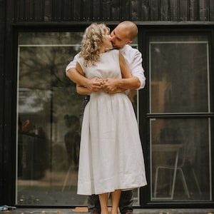 Tea Length Wedding Dress, Linen Marriage Attire, Retro Style Casual Wedding Dress, Minimalist Wedding Gown, Modest Boat Neck Bridal Dress.