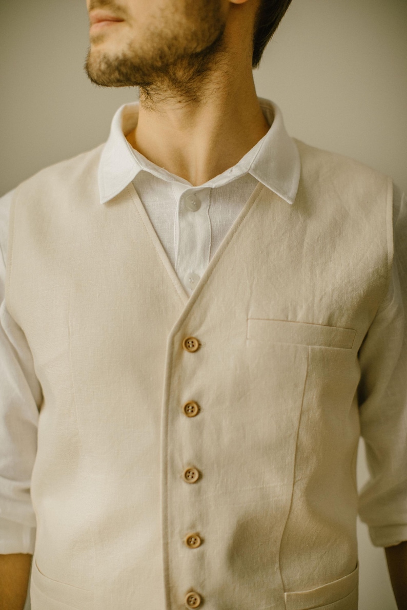 Gilet in lino fatto a mano per uomo – Realizzato su misura / Gilet rustico da uomo per sposo e testimoni immagine 16