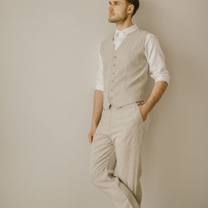 Elegant Linen Wedding Suit: Groom's Pants & Vest Set, Simple Men's Attire for Rustic Ceremonies.