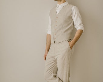 Linen Simple Wedding Suit (Set of 2), Linen Groom Set, Pants Vest Set, Waistcoat Trousers Set, Wedding Men's Attire, Linen Clothes For Men.