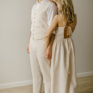 Elegant Handcrafted Linen Wedding Dress: Custom, Minimalist, Open Back, Modest Tailored Attire.