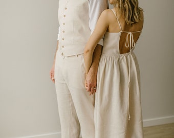 Linen Spaghetti Straps Wedding Dress, Flax Wedding Gown, Minimalist And Modest Wedding Dress, Open Back Bridal Dress.