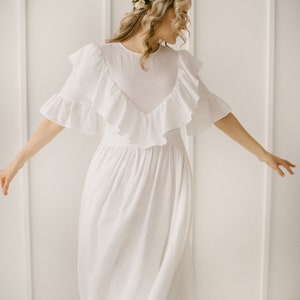 Linen Bohemian Wedding Dress: Ruffle Detail, Fit-and-Flare Gown