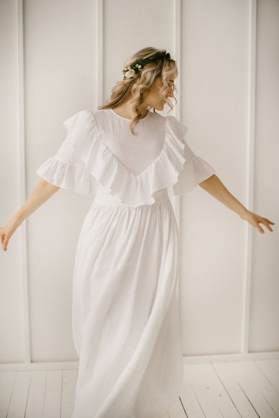 Linen Bohemian Wedding Dress / Ruffle Detail, Fit-and-Flare Gown