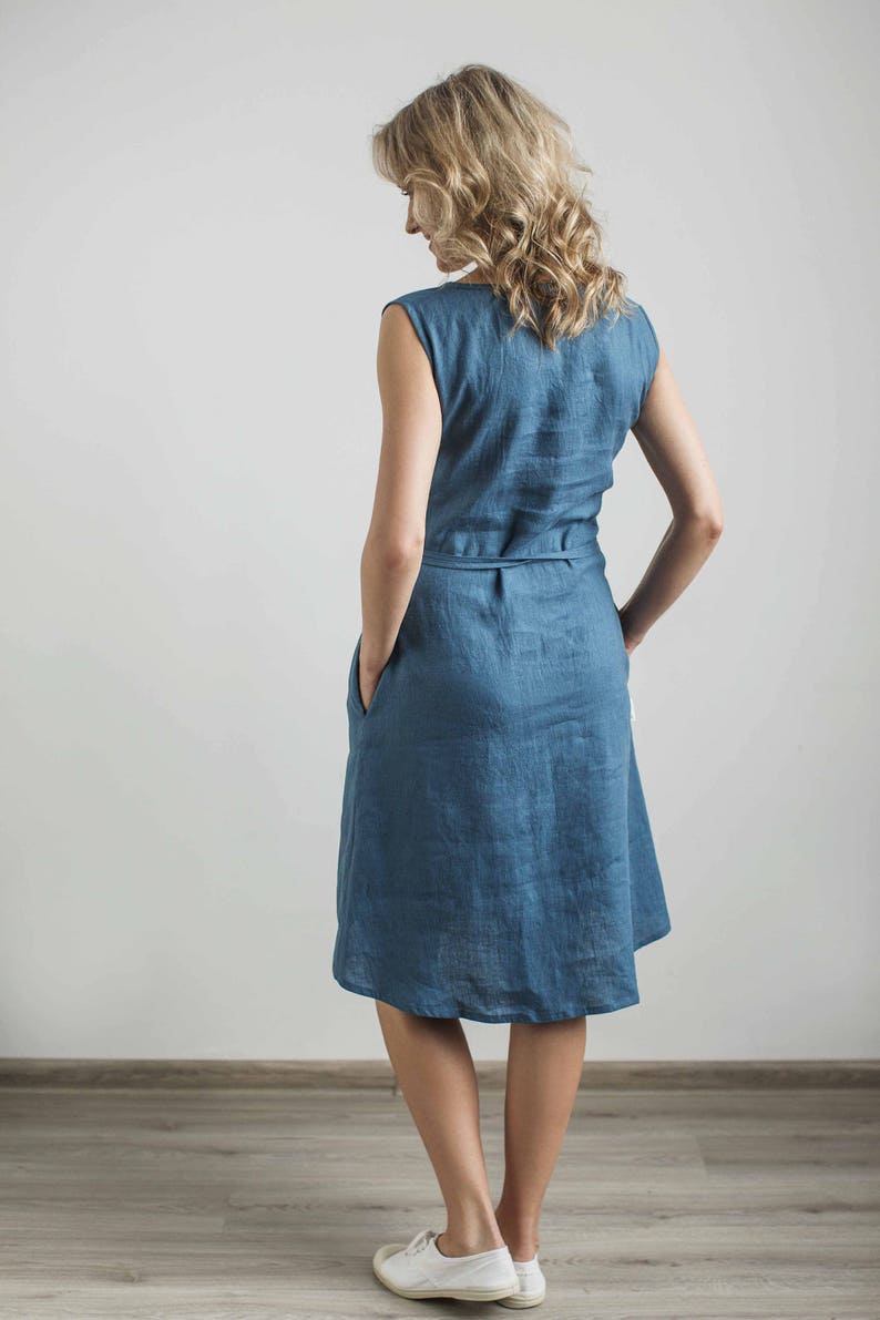 Made to Order Dress, Locally Made Dress, Minimalistic Blue Linen Dress, Eco-Friendly Apparel, Sustainable Fashion, Ethically Made Clothing. image 7