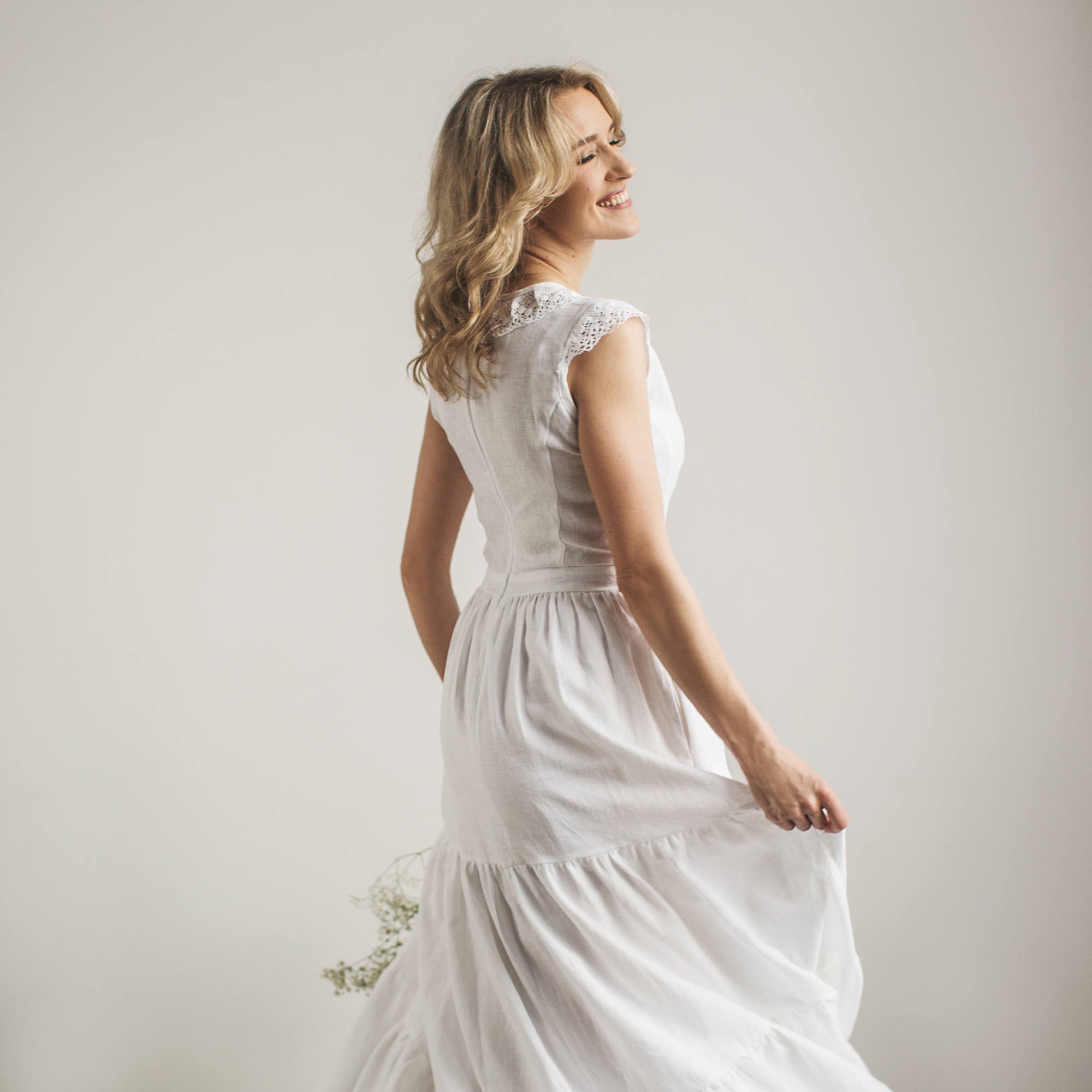 Linen Wedding Dress With A Lace Modest Wedding Dress Beach Etsy
