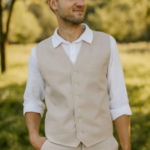 Gilet in lino fatto a mano per uomo – Realizzato su misura / Gilet rustico da uomo per sposo e testimoni immagine 10