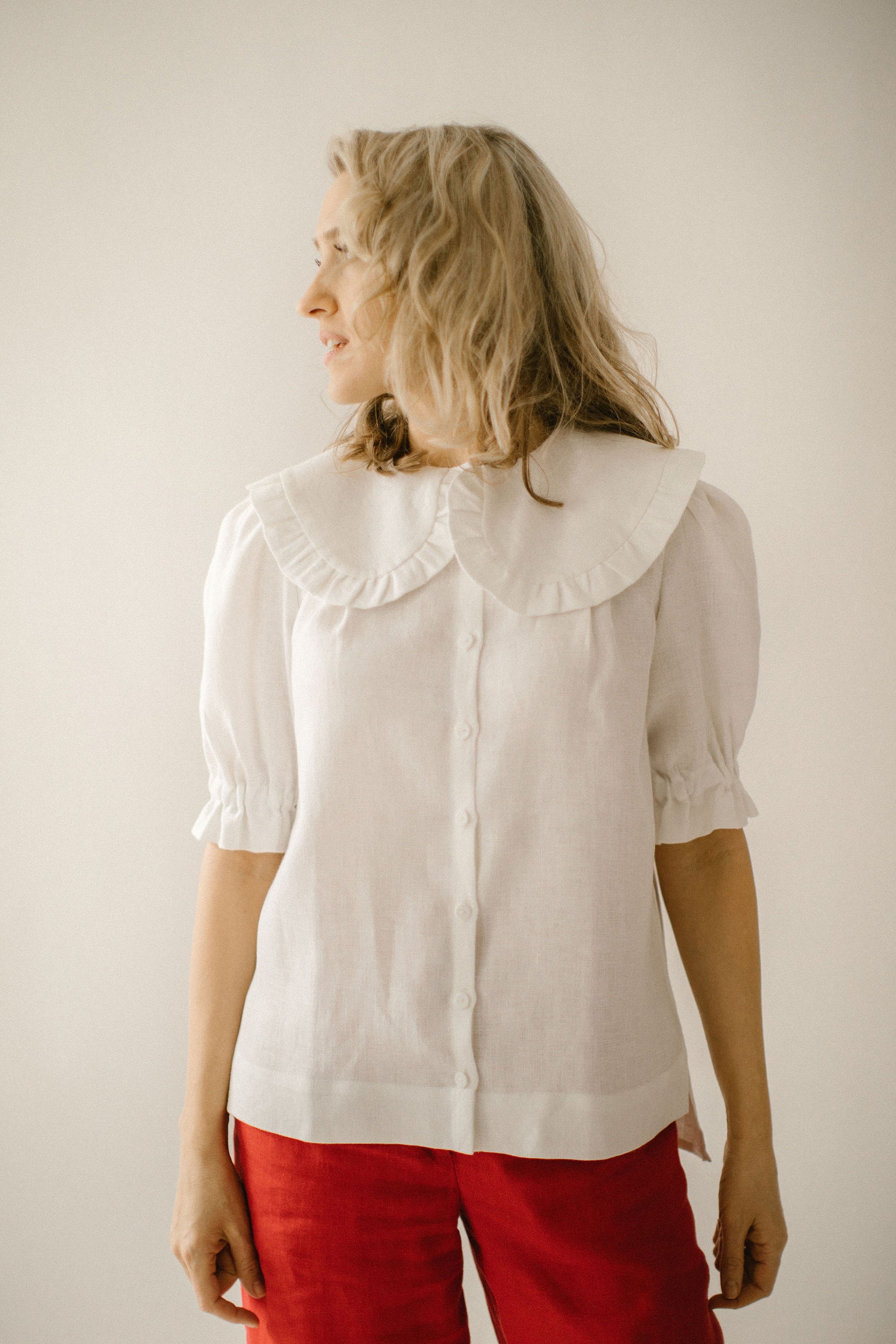 Puritan Collar Blouse, White Linen Shirt for Women, Classic Puritan Collar Blouse, White Linen Shirt for Women, Classic