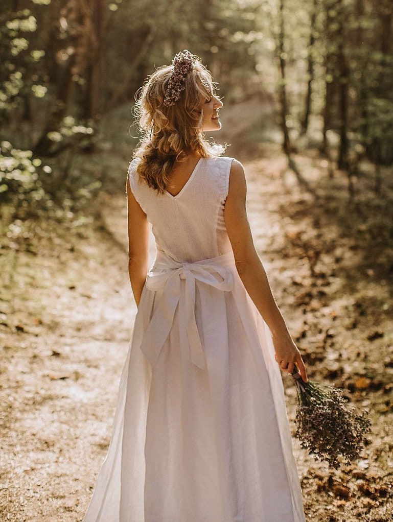 Ethereal Linen Baltic Goddess Wedding Dress with Train for Forest Ceremony, Ethno-Modern Bridal Attire.