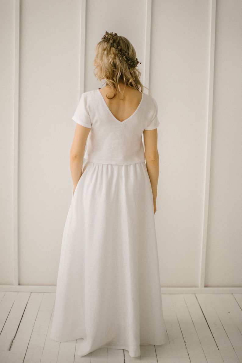 Linen Two Piece Wedding Dress, Crop Top Wedding Separates, Modest And Simple Bridal Gown, Beach Wedding Dress, Minimalist Wedding Dress. zdjęcie 6