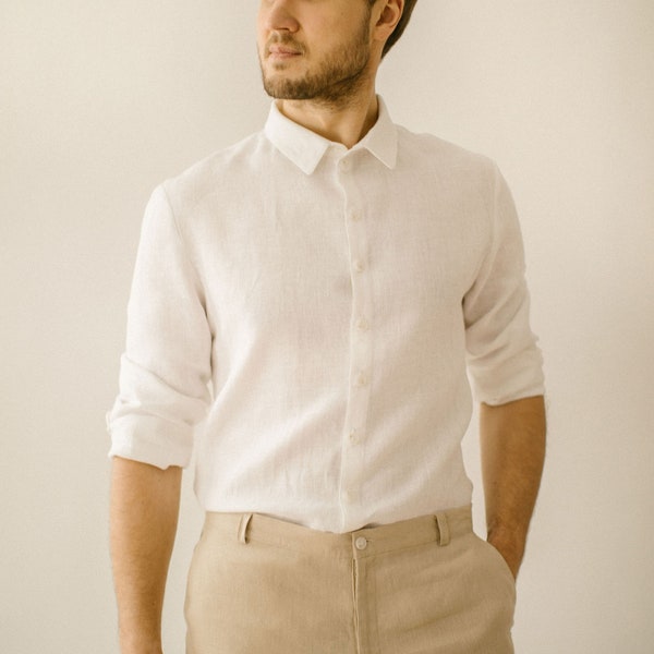 Chemise en lin blanche fabriquée à la main pour homme, chemise pour homme en lin rustique, chemise de mariage décontractée, chemise coupe classique, chemise de mariage d'extérieur.