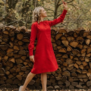 Handmade Red Linen A-Line Dress: Mock Neck Long Sleeve Gown