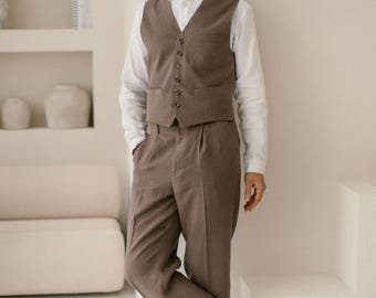 Tailor Made Rustic Linen Wedding Suit For Men / Boho, Bohemian Groom, Groomsmen Set / Taupe