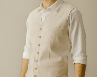 Linen Groom Waistcoat / Casual & Rustic Wedding Vest For Men / Ivory / Tailor Made