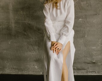 Long Sleeve Wedding Gown, Slit Detail Bridal Dress, Rustic Bridal Gown, Natural Fabric Wedding Attire, Custom Linen Wedding Dress.