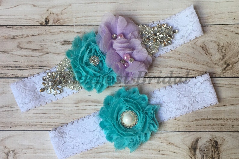 Aqua Lavender Lace Rhinestone Custom Wedding Garter Vintage Rustic Shabby Chic coral Rhinestone Turquoise