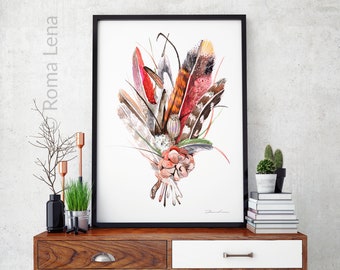 Bird Feather Watercolor painting art print Wall art from my Original watercolor painting Bunch flowers Home wall decor printable art print