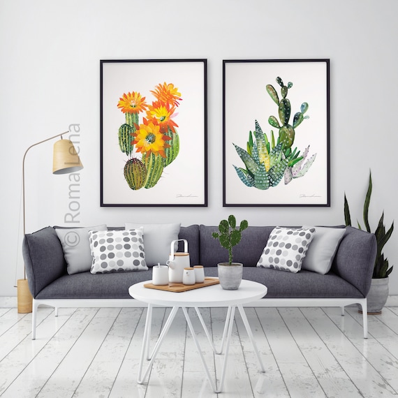 watercolor painting cactus art print kitchen decor wall | etsy