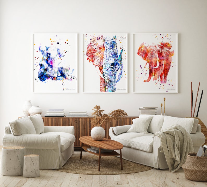 Elephant Decor Family Elephants Orange Elephant Abstract Elephants African Animal Poster Set Of 3 African Elephants Canvas Option