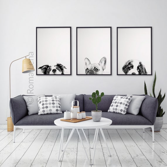 Black and white Dog wall art Set of 3 watercolor prints animal
