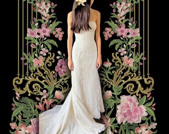 Vintage Pronovias axelbandslös brudklänning med pärlor och släp (US 2)