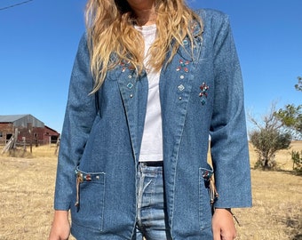 Vintage 80s Denim Jeweled Western Blazer