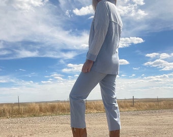 Conjunto de dos piezas de mono y blazer vintage azul y blanco de los años 80