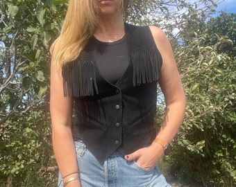 Vintage 90s Black Suede Fringe Western Vest