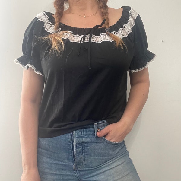 Vintage Black with White Lace Off the Shoulder Short Sleeve Top