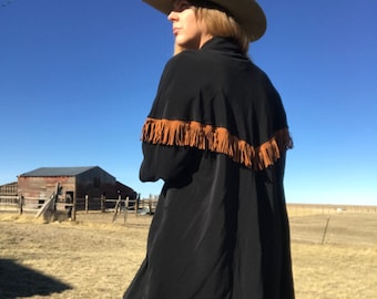Vintage 90&#39;s Black With Brown Leather Fringe Swing Jacket