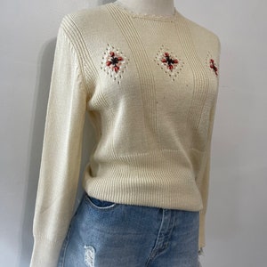 Vintage 60s Glamour Knit Ivory and Floral Embroidered Sweater
